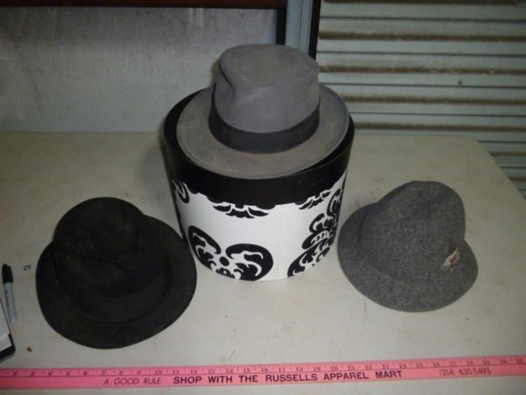 3pc Vintage Men's Fedora Style Hats & Hat Box