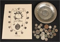 Mixed Group of US & Foreign Coins w/ Silver Saucer