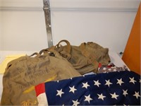 BOX WITH OLD FLAG, ARMY BOY SCOUT BAGS, ETC.