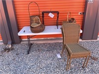 Wicker Baskets, Chairs, 2 Rod Iron Tables