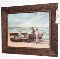 Antique framed print of children and boat on