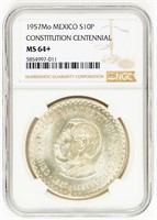 Coin 1957Mo Mexico Silver 10 Pesos-NGC MS64+