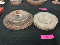 Pink Depression Glass Saucers And Covered Dish