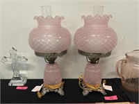 Pair Pink Fenton Hobnail Oil Lamps, Converted