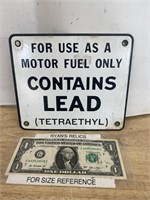 Porcelain Contains Lead gas pump advertising sign