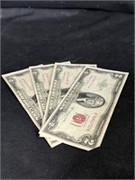 Lot of 4  1953C Two Dollar Bills Red Seal Circulat