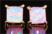 Rose Toned Princess Cut Pink Opal Stud Earrings