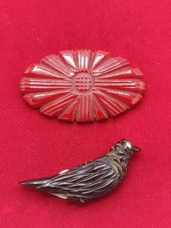 Vintage Bakelite Style Bird Clip & Red Brooch