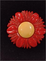 Vintage Bakelite Style Red & Yellow Flower Brooch