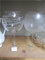2 Lg. Etched Wine Glasses