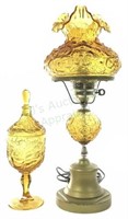 Fenton Style Amber Glass Lamp & Compote