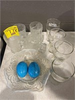 IRIDESCENT GLASS DISH, COCA-COLA GLASSES,