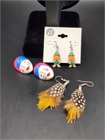 3 Sets of Earings Feathers, Leprechaun and Mask