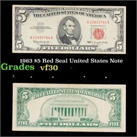 1963 $5 Red Seal United States Note Grades vf++