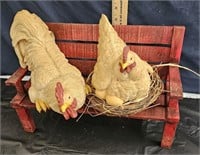 hen & rooster on bench