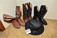 3 PR. MENS BOOTS & WOOL HAT W/ HORSE HAIR BAND