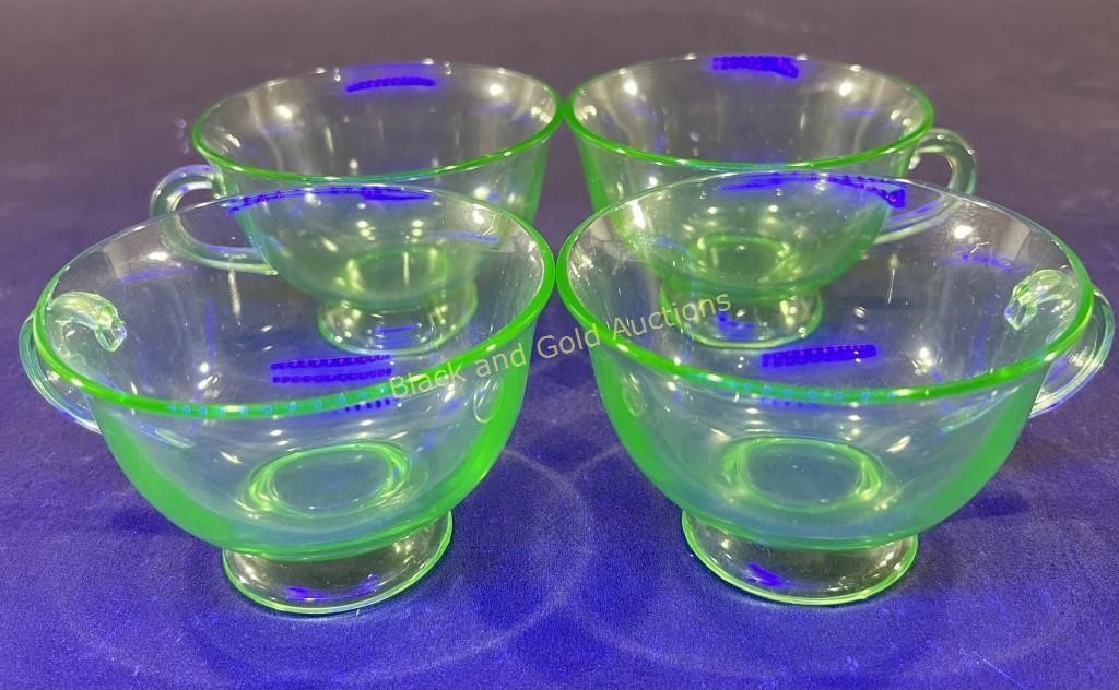 (4) Glowing Green Uranium Glass Tea Cups