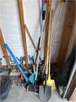 Lot of gardening  tools shovel, axe, broom and
