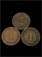 Three Antique German 1 Pfennig 1910, 1912, 1912