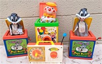 1971 FISHER PRICE RADIO & 3 POP UP MUSICAL TOYS