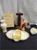 Vtg Fire King milk glass oval dish Holy Bible