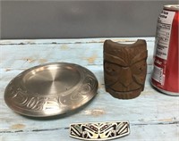 Haida pewter, wooden miniature mask & brooch