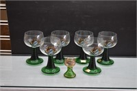 6 German Wine Glasses w/ Green Beehive Stem, more