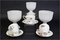 Bone China Tea Cups & Milk Glass Pedestal Vases
