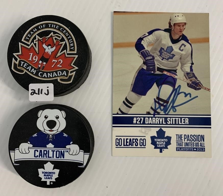 2 Hockey Pucks & Darryl Sittler Card