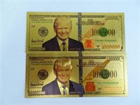 2 Novelty Gold Plated Trump 1000000 Dollar Notes