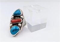 Vintage Turquoise & Coral Silver Ring