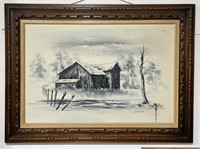 (M) B.Brown Winter Barn Oil Painting on Canvas