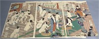 Japanese Woodblocks Triptych Bath House Scene