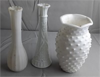 Vtg Milk Glass Bud Bases & Hobnail Vase