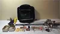 2 fishing rods, tackle, REI backpack, etc.; as is