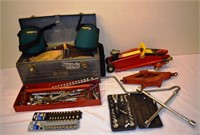 Metal tool box with tools, 2 jacks, sockets and ra