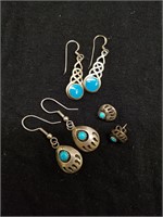 Three Sets Of Silver Earrings with Blue Stones