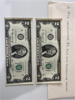 2 1976 Uncirculated $2 Notes-Consecutive Serial #s