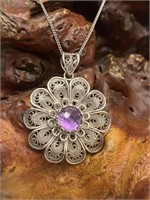 925 Silver Filigree Flower Necklace w/ Amethyst