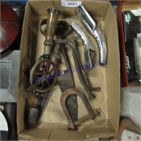 Hand drill, clippers, hook, oil can spouts