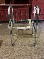 Folding walker with basket, wheels and belt