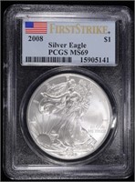 2008 AMERICAN SILVER EAGLE PCGS MS69, FIRST STRIKE