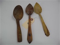 Lot (3) Hand Carved Spoons - Wood and Bone