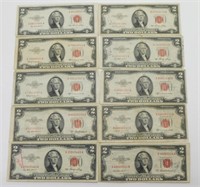 (10) 1953 $2 Red Seal Legal Tender U.S. Notes