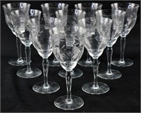 Set of 10 Antique Etched Wine Glasses