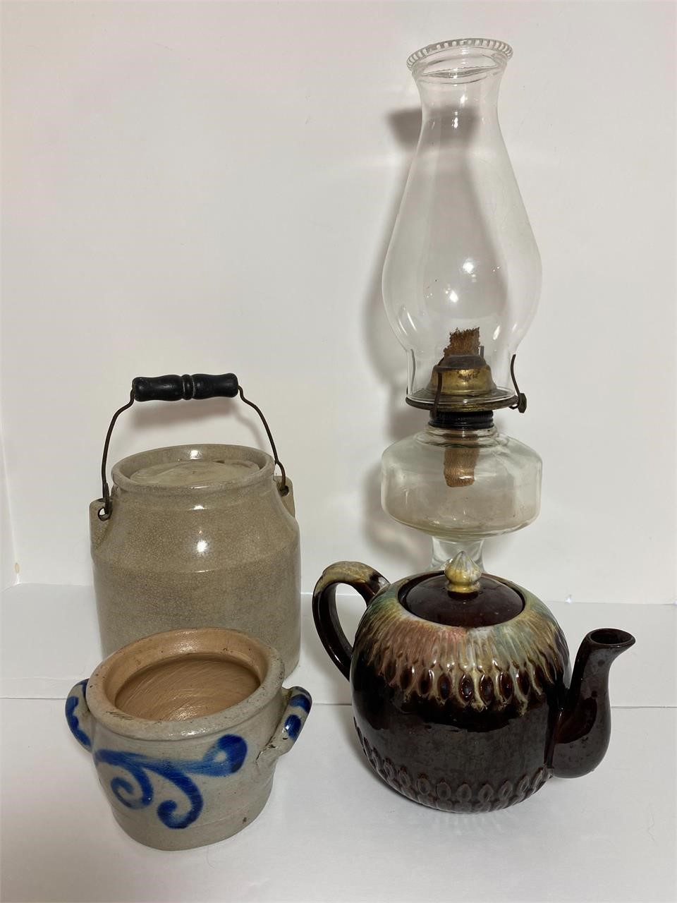 Glass Oil Lamp with Chimney, Stoneware Crock with