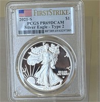 2021-S .999 1OZ SILVER EAGLE TYPE2 PR69DCAM$1 COIN