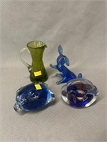 Crackle Glass Pitcher with Art Glass Figurines