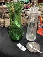 Green Glass Vase, Cut-Glass Canister.