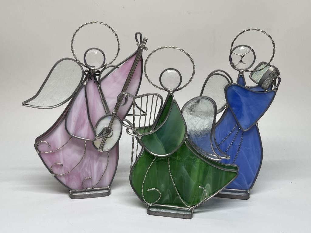 (3) Stained Glass-Look Musical Angel Figurines